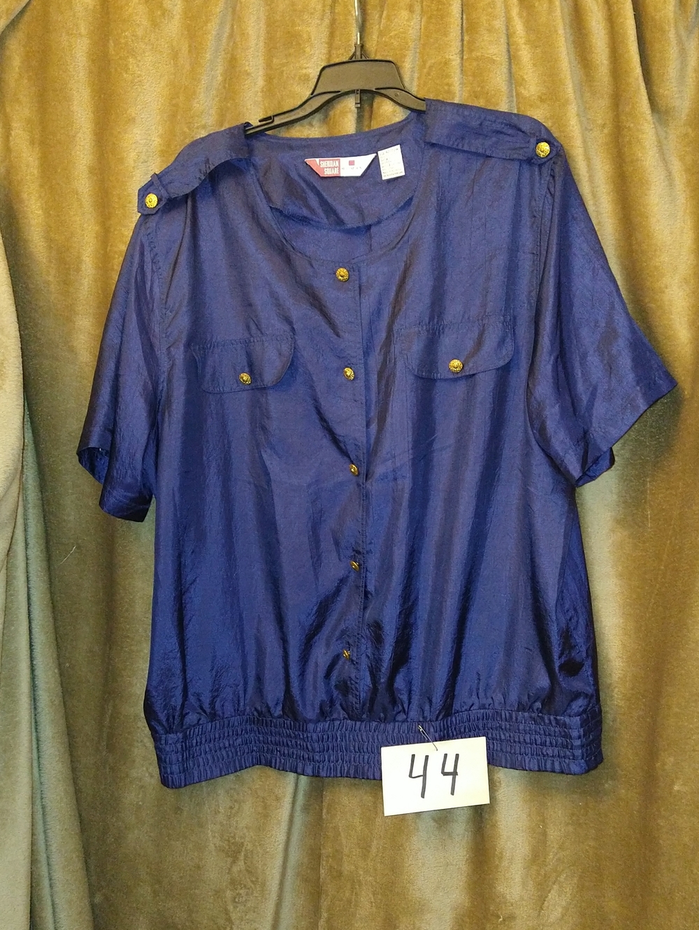 Navy Blue Button-Up Short Sleeve Blouse